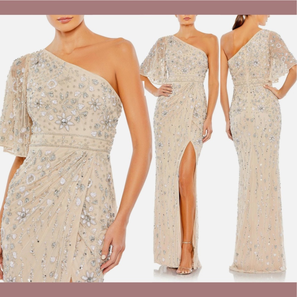 NWT $698 Mac Duggal [ 16‎ ] Embellished One Shoulder Draped Gown Nude